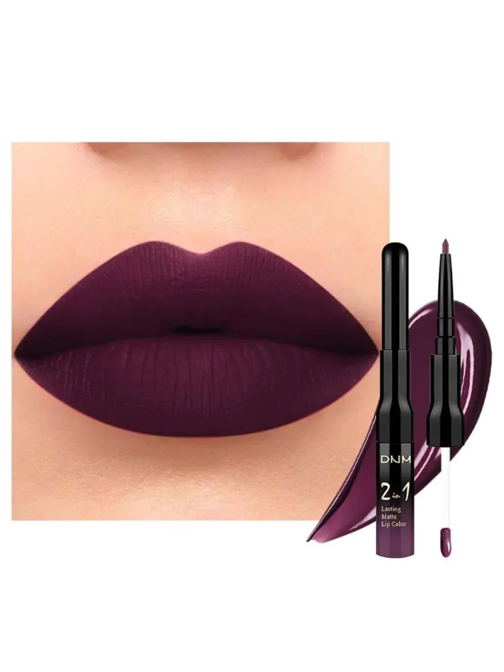 01#-Dark Plum Purple 2-in-1 Waterproof Long Lasting Double-Ended Liquid Lipstick